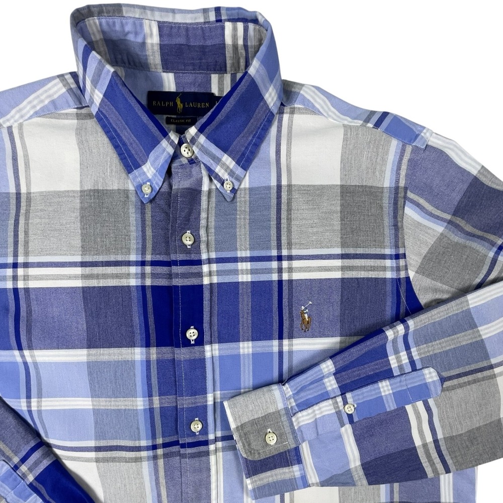 Ralph Lauren Button Down Mens LG Blue Plaid Classic Fit Long Sleeve Cotton Shirt